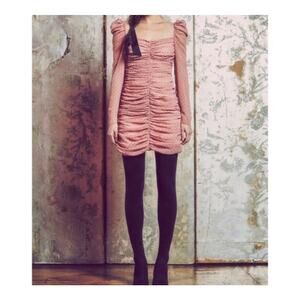 Mestiza Francesca Polka Dot Ruched Ling Sleeves Dress Size 8 NWT Pink Black